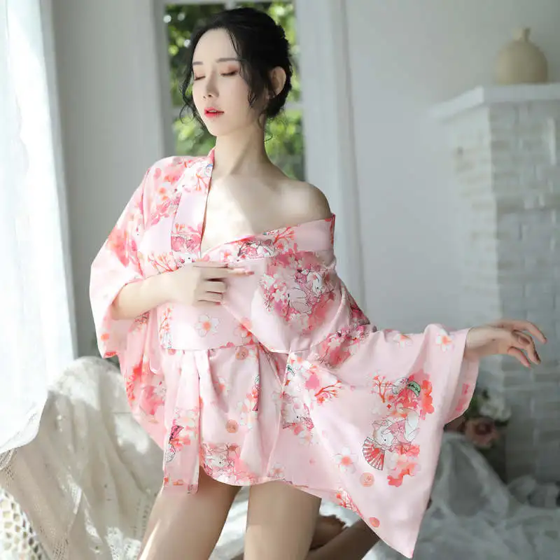 

New Sexy Lingerie Pure And Cute Girl Japanese Exquisite Pink Print V-Neck Cardigan Kimono Hip Wide Sleeve Suit Bathrobe