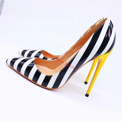 12cm tacchi gialli Zebra Stripe Wedding Pumps donna bianco nero décolleté con tacco alto in pelle verniciata scarpe da banchetto taglia 45