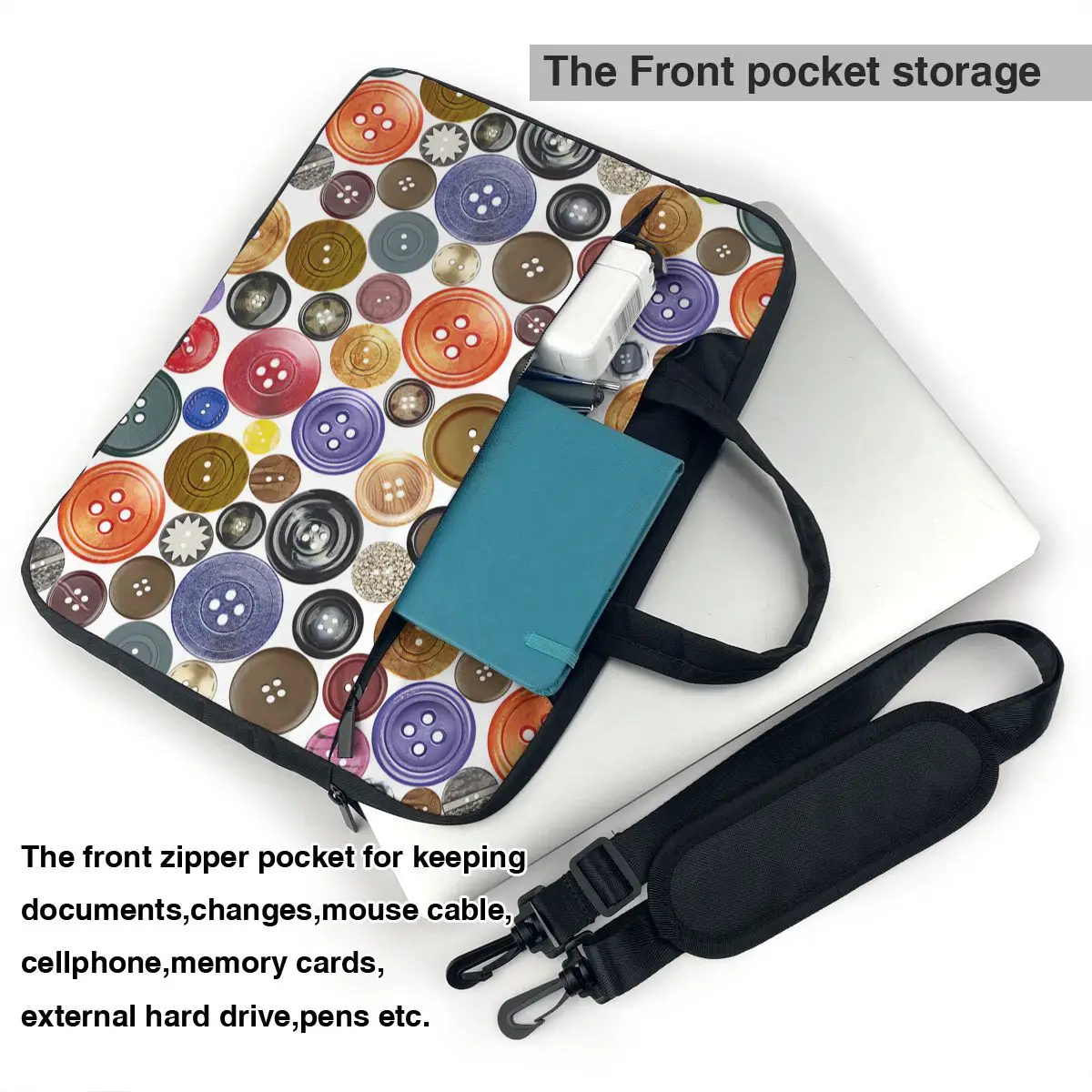 Colorful Sewing Buttons Pattern Laptop Bag Case Protective Vintage Computer Bag Bicycle Crossbody Laptop Pouch