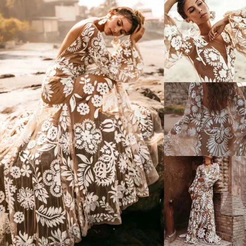 #9651 2 Pieces Long Sleeves Sexy Lace Deep V-Neck Wedding Dress Backless Beach Barn Ranch Plus Size Custom Made 2021 Mermaid