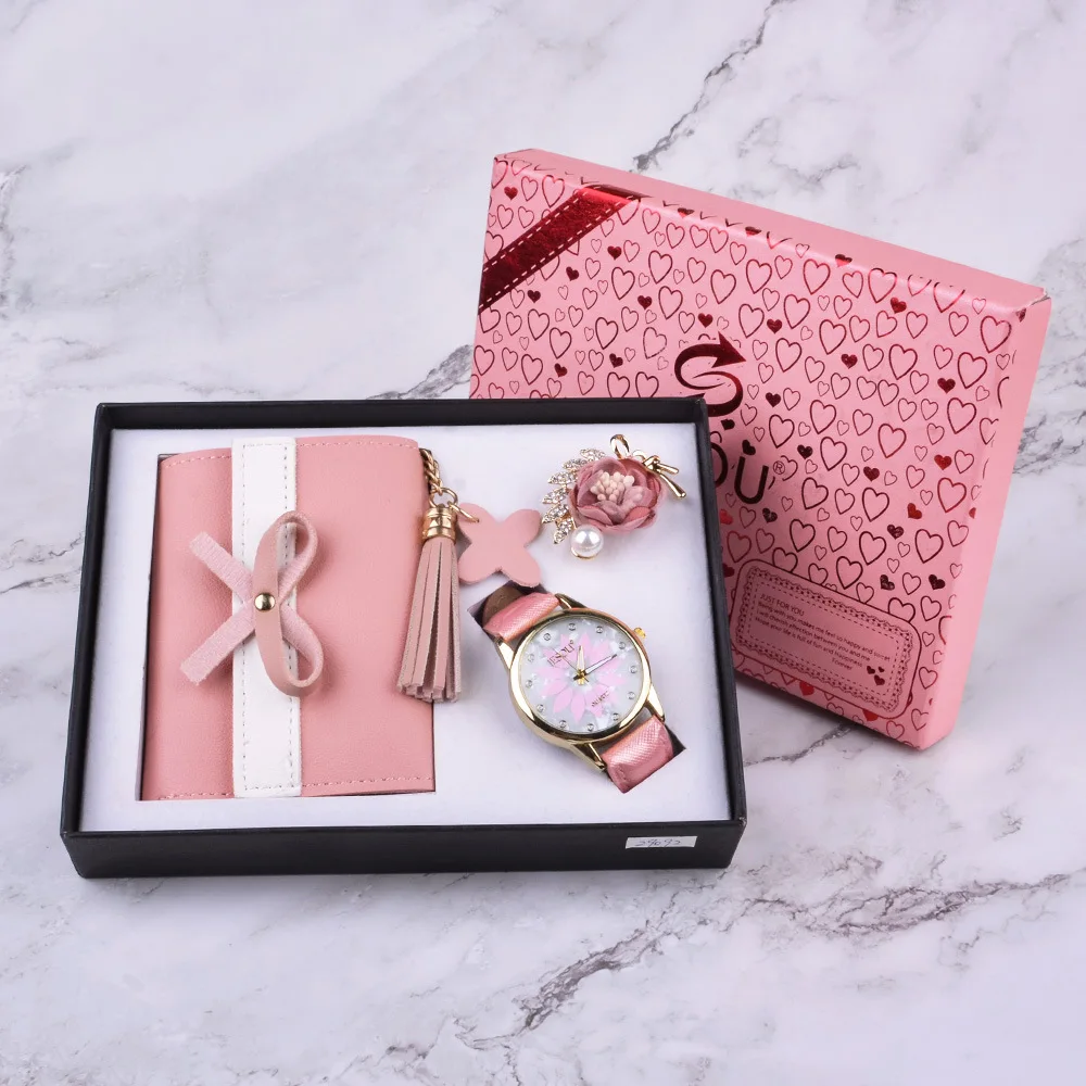 Women's Quartz Watch Wallet Corsage 3pcs set Gift Box Christmas New Year Gift Simple Women's Watches Fashion Clock Cucko Ladies