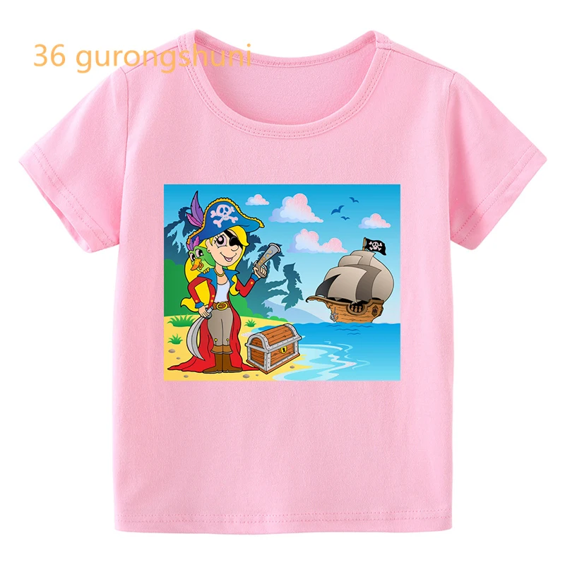 cartoon skull Pirate Ship print graphic kids t shirt for boys t shirts girl t-shirts pink clothing tops for girls boy clothes