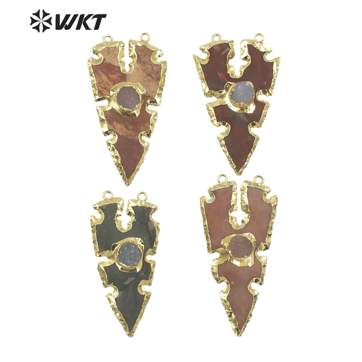 WT-P1735 WKT New Design Fashion Gold Plated Natural Druzy Charming Agates Arrowhead Pendant Double Loops For Jewelry Handmade