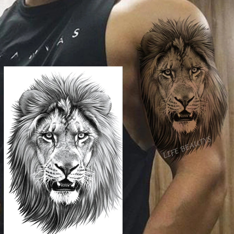 Tatuagem temporária de leão tigre, adesivo à prova d\'água fashion legal para homens e mulheres, arte corporal de animais, braço removível,