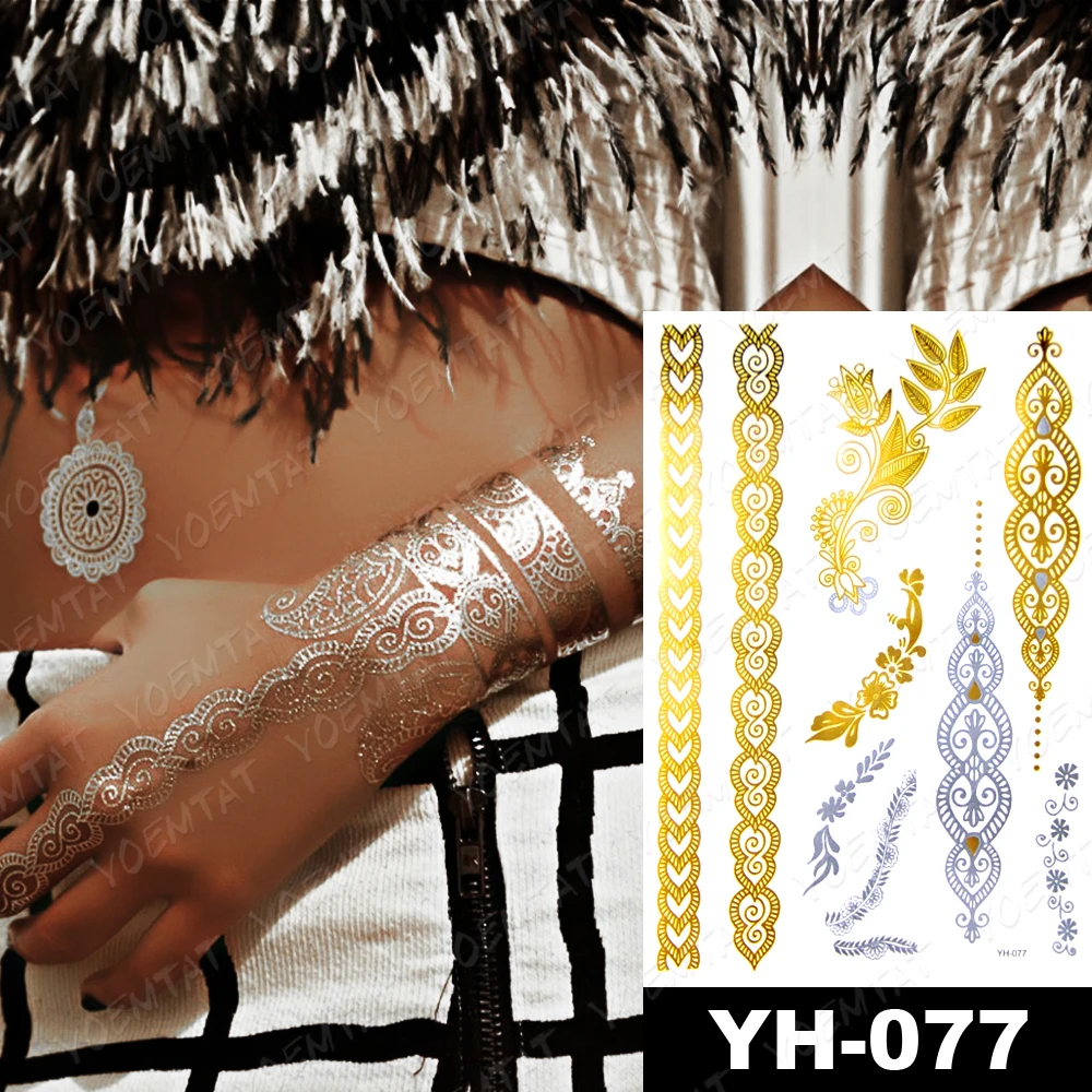 Wholesale Waterproof Temporary Tattoo Sticker Flowers Mandala Henna Gold Silver Metallic Flash Tatoo Boho Lotus Glitter Body Art