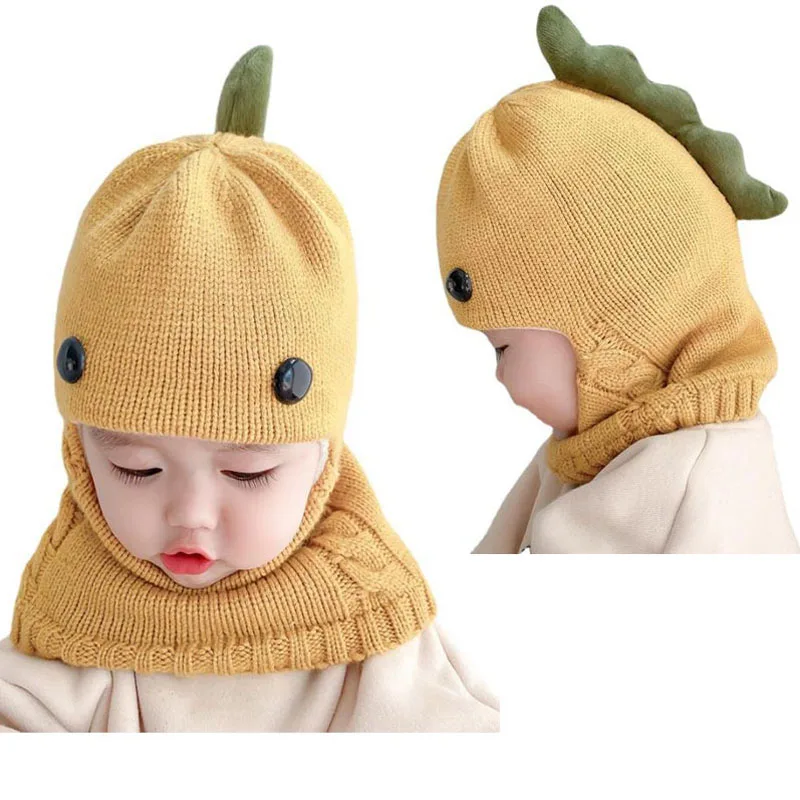 

Cartoon Kids Dinosaur Baby Knit Hats Boys Girls Hooded Caps Hat Thicken Winter Flap Cap Scarf Newborn Winter Windproof Warm