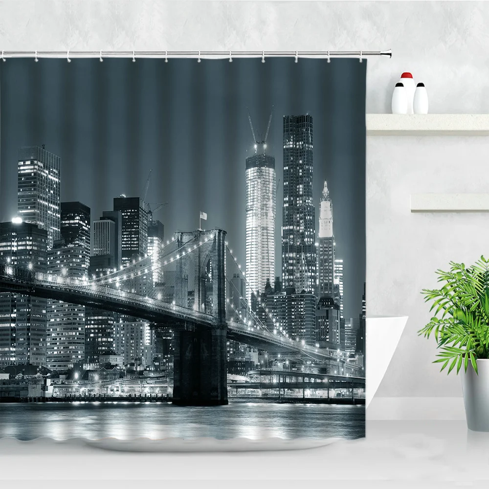 Black White New York City Scenery Shower Curtains Set 3D Building Home Wall Backdrop Decor Nordic Polyester Bathroom Bath Screen