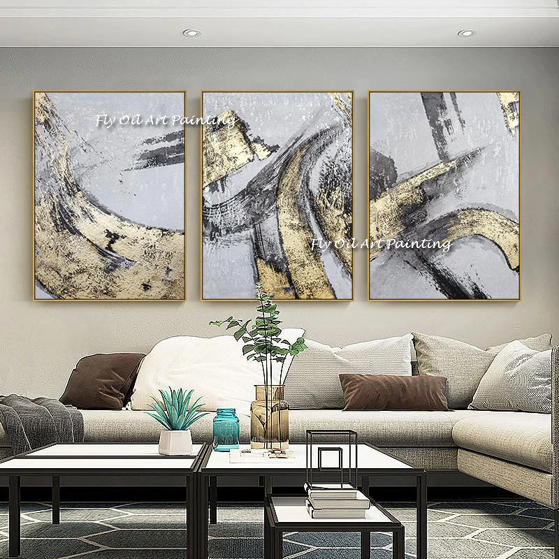 Set of 3 Gold Grey Landscape Canvas Hand Oil Painting Modern abstract Large wall art Painting living room Home decor as a gift