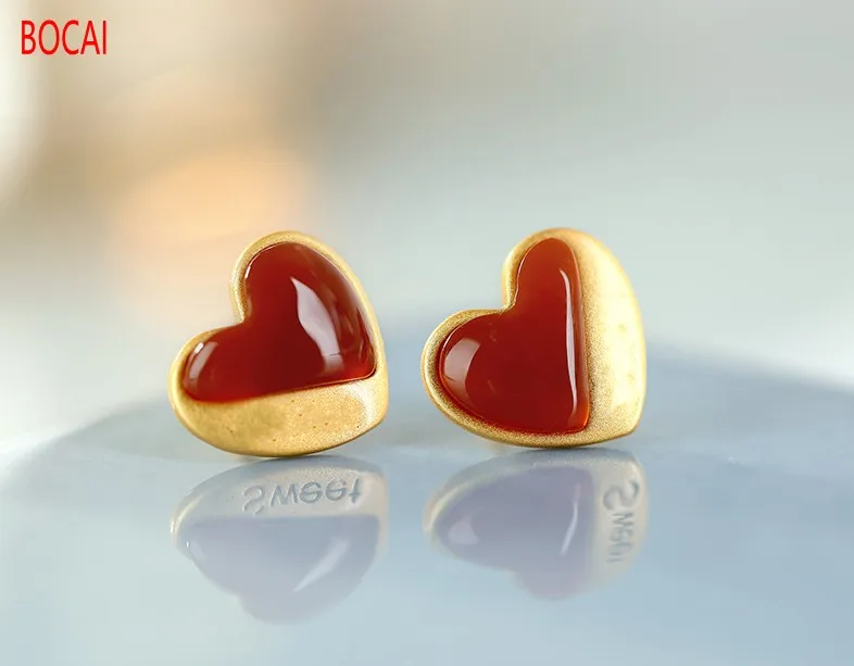 real S925 sterling silver gold-plated inlaid southern red agate sweetheart love all-match ladies earrings