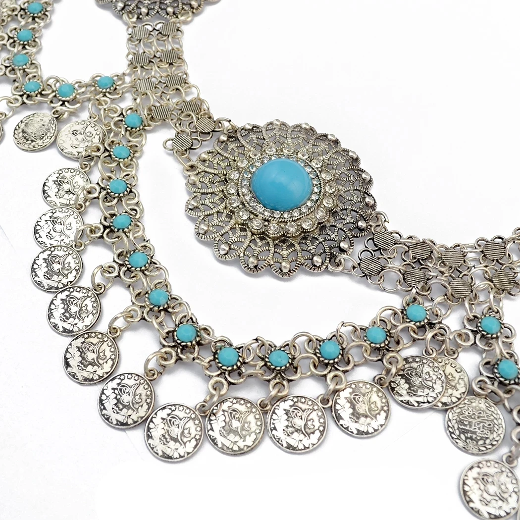 Vintage Afghan Gypsy Coins Necklace Earrings for Women Bohemian Ethnic Tribal Gemstone Bracelet Waist Belly Chains Jewelry Sets