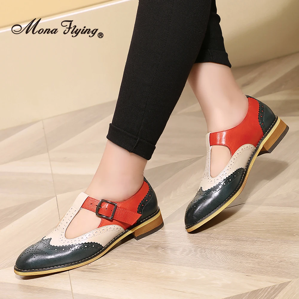 Mona Flying Womens Genuine Leather Mary Jane Loafers Pointed Toe Casual Flats Multicolor Buckle T Strap Shoes for L092-1