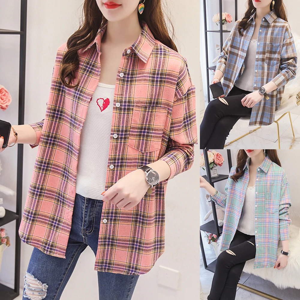 Women Shirts Simple design Loose Blouses shirts Women Autumn Winter Long Sleeve Plaid Shirt Single-breasted Blouse Top Outerwear