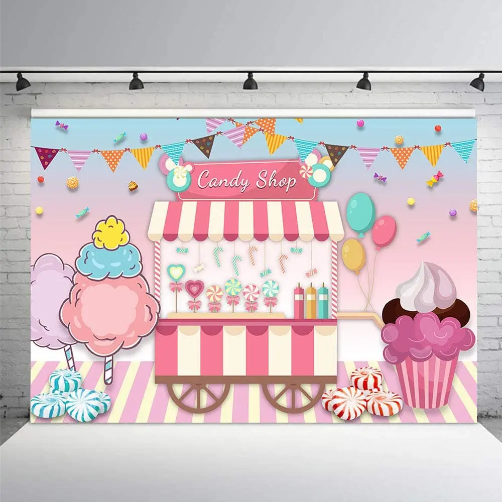 Photography Backdrop Candy Shop Pink Sweet Lollipop Shoppe Ice Cream Flag Balloon Banner Girl Birthday Holiday Party Background