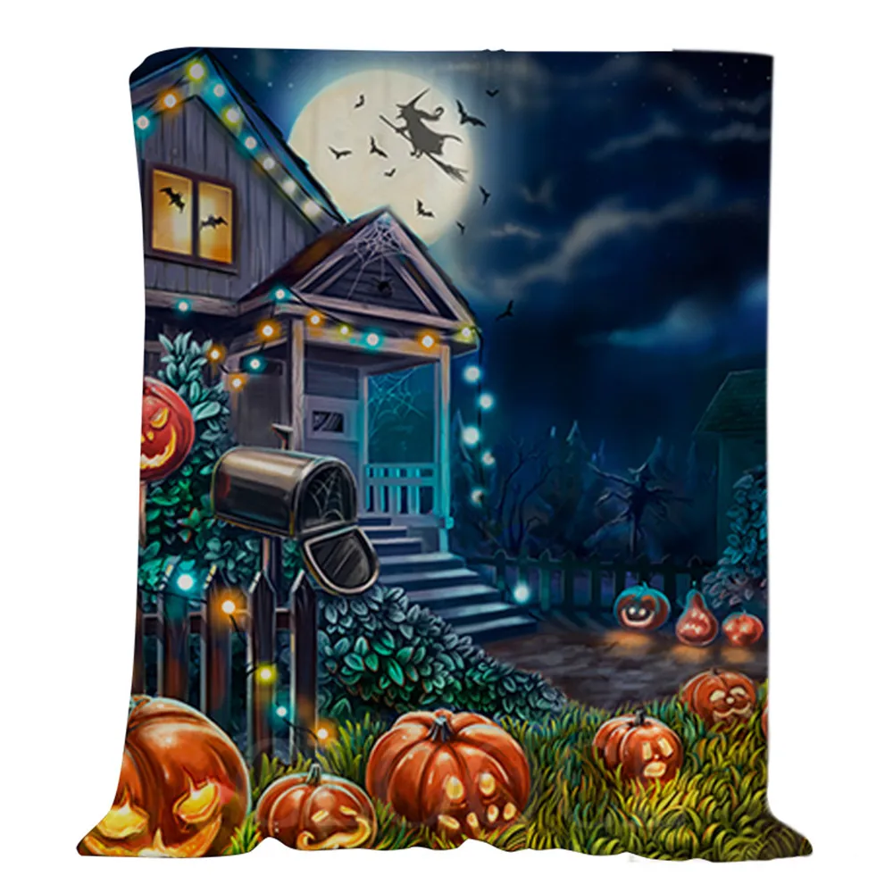 HXHalloween  Flannel Blankets Pumkins Moon Witch Printed Halloween Blanket Keep Warm Plush Quilts