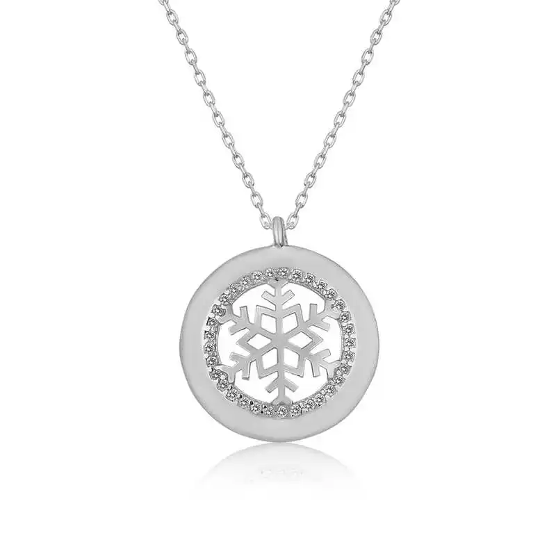 Silver Snow Snowflake Lady Necklace 925 Sterling Women Fine Jewelry Wedding Party Birthday Gift - Jeweled - Box - Pendant - Chain Choker - Female - Ladies - Fashion