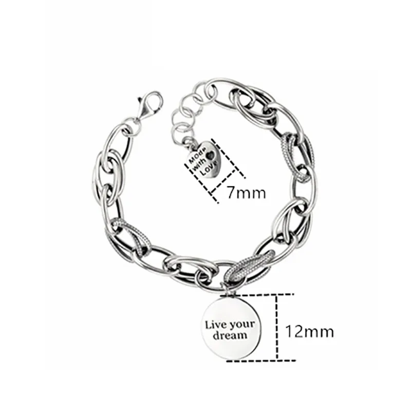 Foxanry Silver Color Thick Chain Charm Bracelet for Women Vintage English Letter Round Tag Thai Silver Bride Jewelry Gift