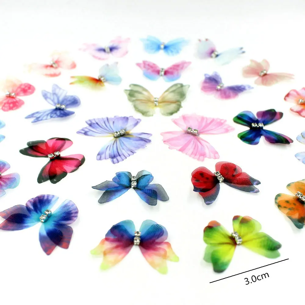 20PCS 3.0cm IRREGULAR Organza Butterflies w/ Rhinestone Chiffon Artificial Butterfly for Baby Hair Accessory, Party Decoration