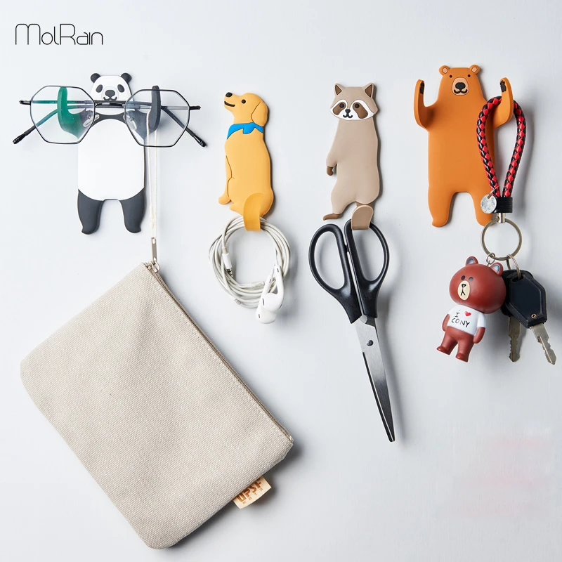 Wall Hanging Hook Cartoon Animals Adhesive Storage Hook Free Nail Single Wall Hooks Decorative Home Decor Wall Hook Key Holder