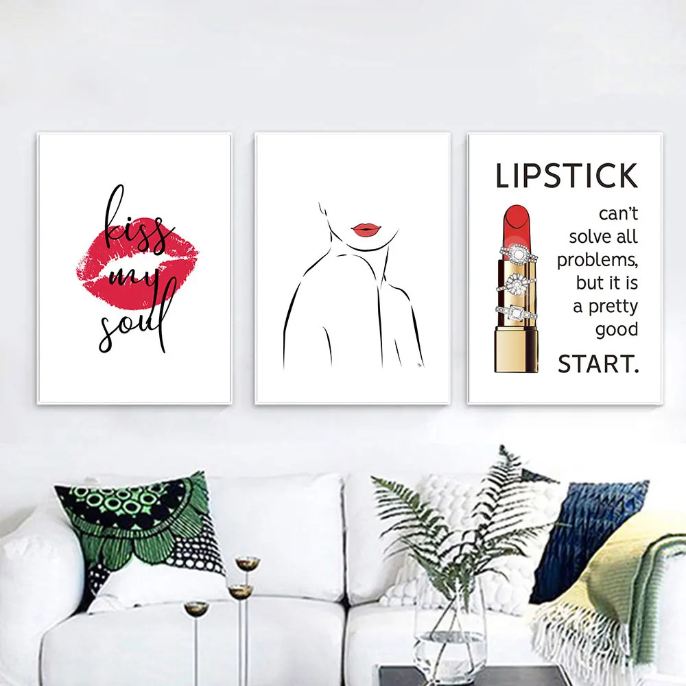 Modern Fashion Art Beauty Makeup Girl Canvas Painting Red Lips Poster Lipstick Decorative Posters Wall Pictures For Living Room