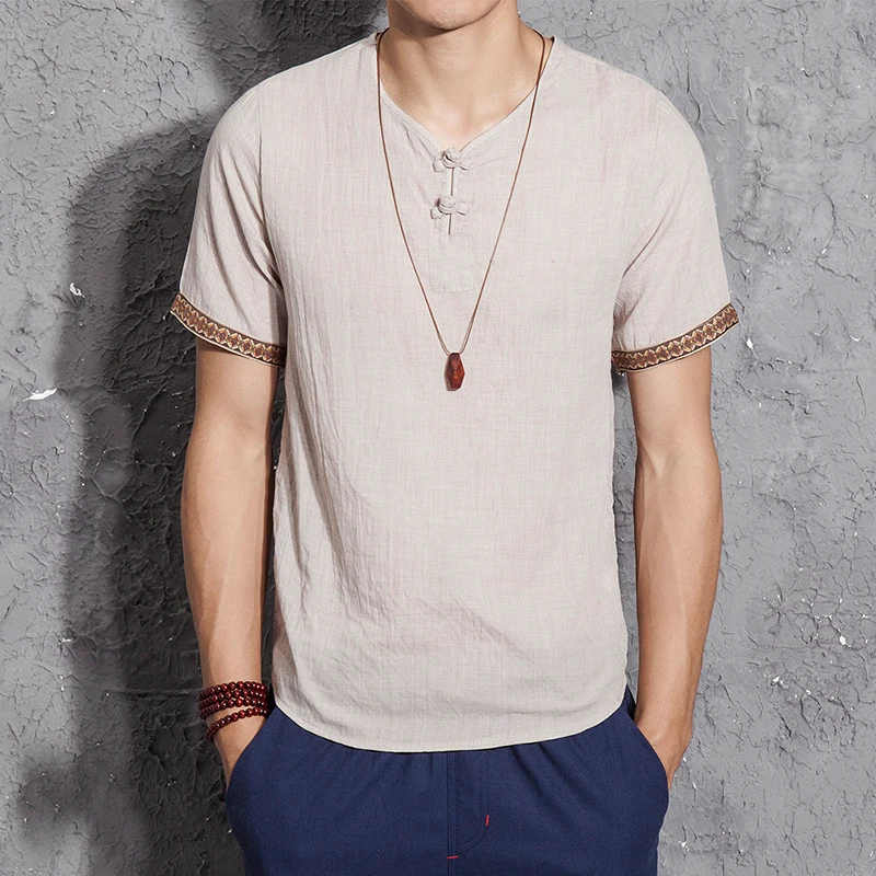 2023 Summer Fashion Mens Casual Linen Shirts Short Sleeve V Neck White Basic Blouse Chinese Style Thin Tops Men Plus Size M-5XL