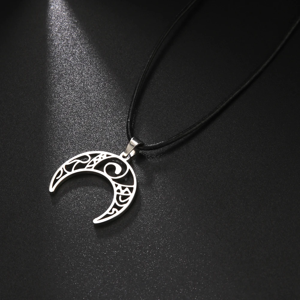 Unift Crescent Moon Necklace Stainless Steel Pendant Choker Black Leather Chain Wicca Amulet Punk Rune Occult Jewelry for Women