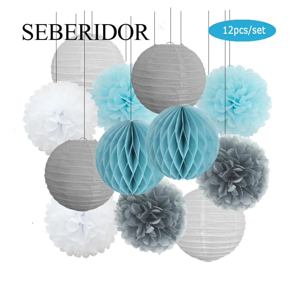Blau-weißes Set, runde Papierlaterne, hängende Kugel, Waben-Set für Kinder, Jungen, 1. Geburtstag, Party-Gastgeschenk, Baby-Taufe, Hochzeitsdekoration – Detail 4