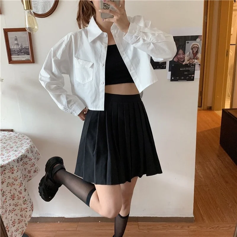 Shirts Women Cropped Tops Slim White Clothing Long Sleeve College Pockets Daily BF Casual Solid Simple Design Stylish All-match