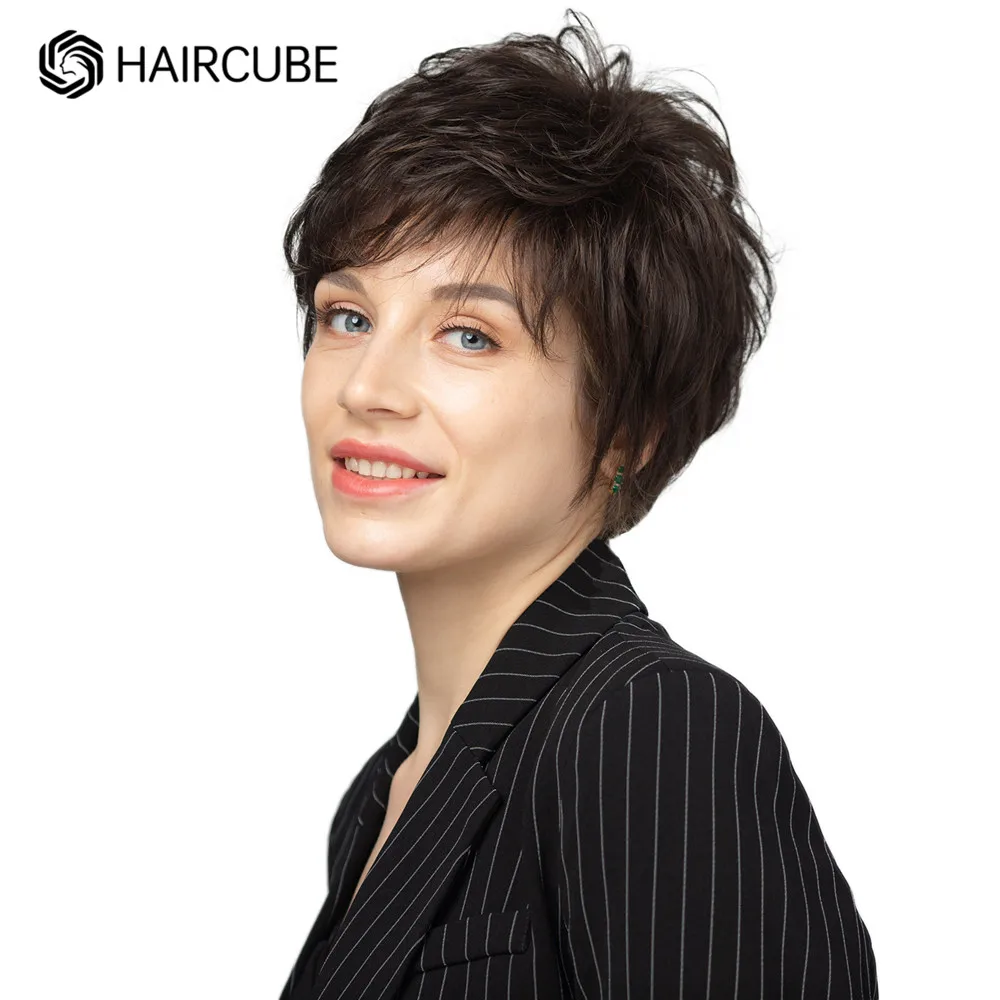 HAIRCUBE قصيرة بني داكن عابث قطع باروكة من الشعر الطبيعي مزيج بيروكات صناعية مع بانج الطبيعية الطبقات مقاومة للحرارة الباروكات للنساء