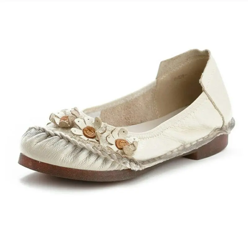 Womens Ethnic Chinese Style Handmade Cowhide Flower Pull On Shoes Soft Loafers