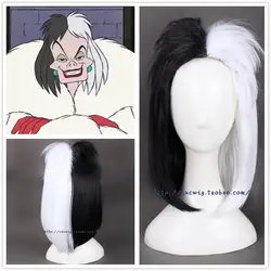 101 달마 시안 Cruella 악마 코스프레 가발 검정 흰색 합성 머리 할로윈 파티 놀이 역할 가발 + 가발 모자