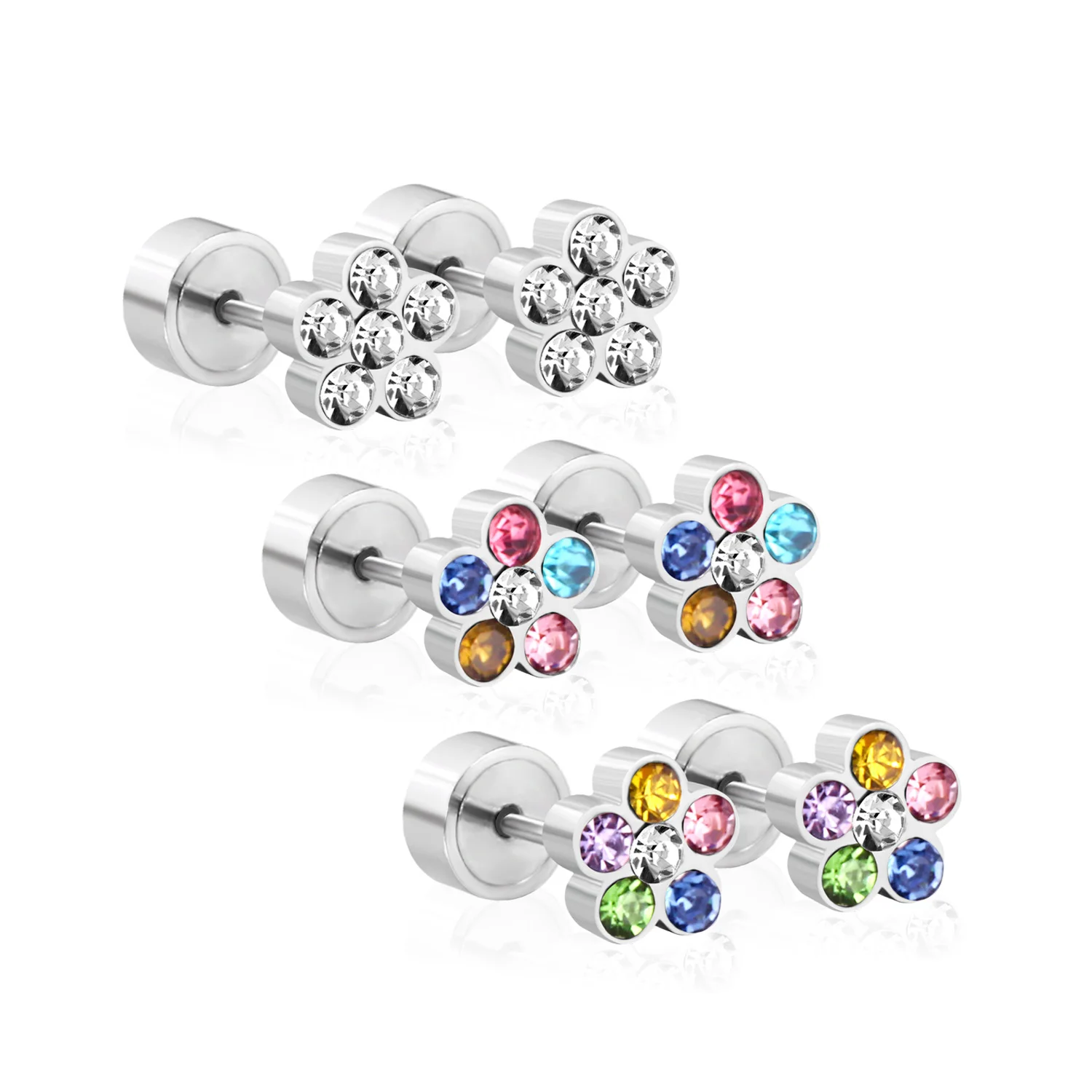 1Pairs Colorful Flower Cubic Zirconia Earrings For Women Piercing Stainless Steel Anti-allergy Trendy Cute Ear Jewelry No Fade