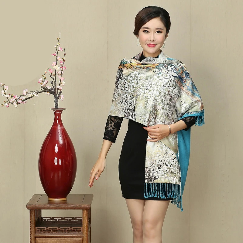 30 Colors Oil Painting Cheongsam Shawl National Scarf Women Silk Cashmere Scarf Retro Wedding Evening Party Tippet  Wraps