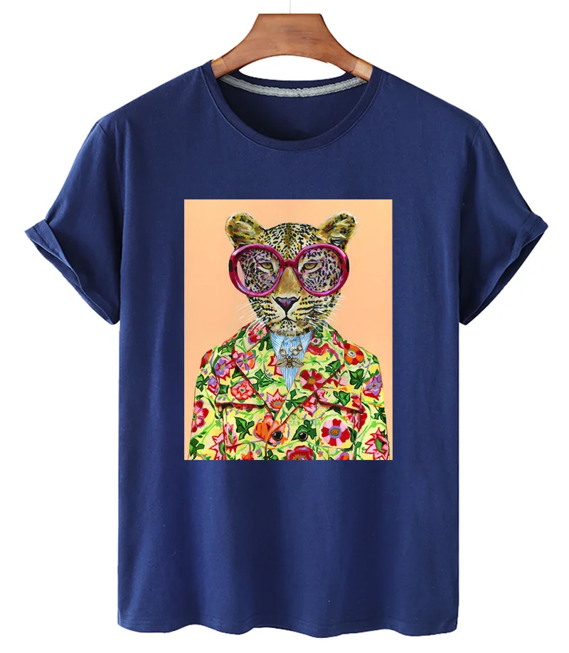 100% Cotton Retro Oil Painting Flower Tiger Shirt Short-sleeved O-neck Loose T-shirt Female Plus Size T-shirt Men And Women 4XL