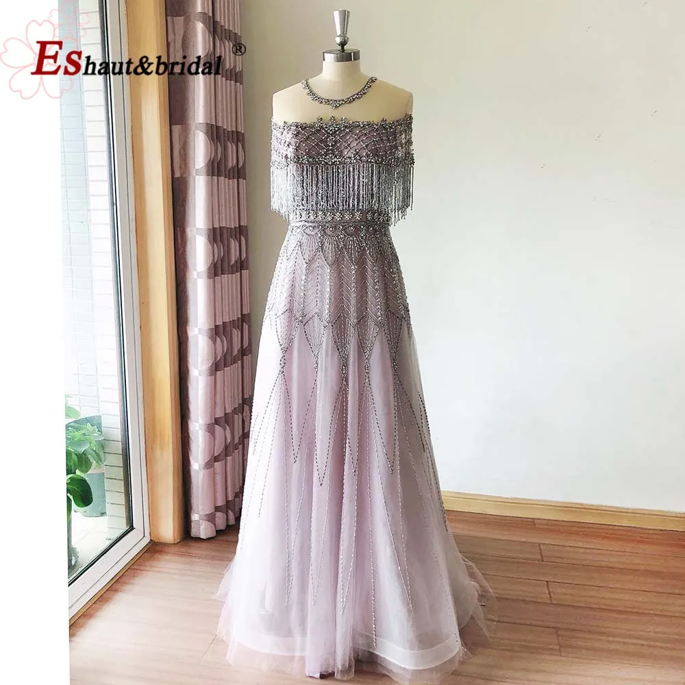 Luxury Aline Evening Night Dress for Women 2023 O Neck Sleeveless Crystal Handmade Beads Tassel Formal Prom Wedding Party Gowns