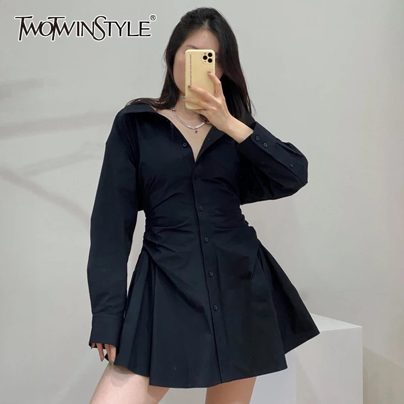 TWOTWINSTYLE White Ruched Shirt Dress For Women Lapel Long Sleeve High Waist Mini Dresses Female Fashion New Clothing 2022