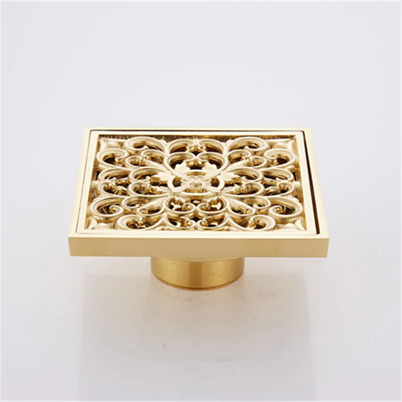 Gold Brass 10x10 CM Shower Floor Drain Square Cover Grate Waste Deodorant Strainer for Bathroom Home Hotel
