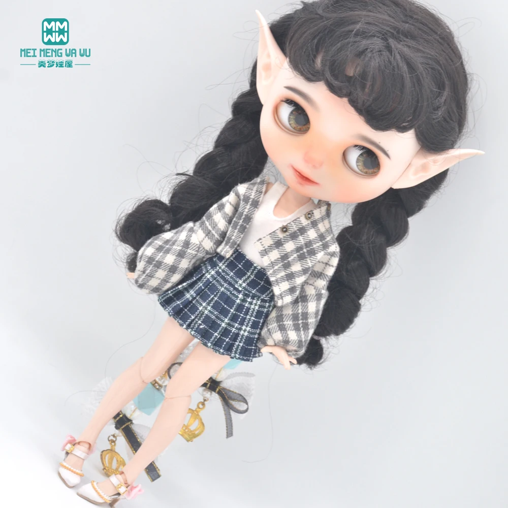 Clothes for Doll Fits Blyth Azone OB22 OB24 Doll Fashion Woolen Jacket Plaid Top Blue, Green, Black, Gray