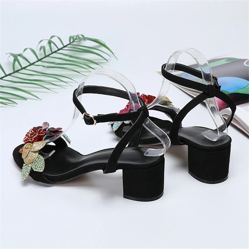 Crystal Sequins Flower Gladiator Sandals Women Black Suede Hoof Heel Ankle Strap Rhinestone Summer Sandalias Mujer