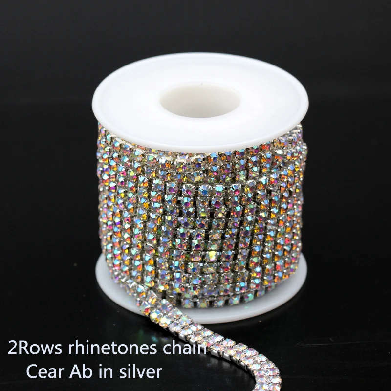 2Rows 10yards/roll Rhinestone AB/clear crystal Chain Gold/Silver claw close Base Cup Chain Apparel Sewing diy  Accessories