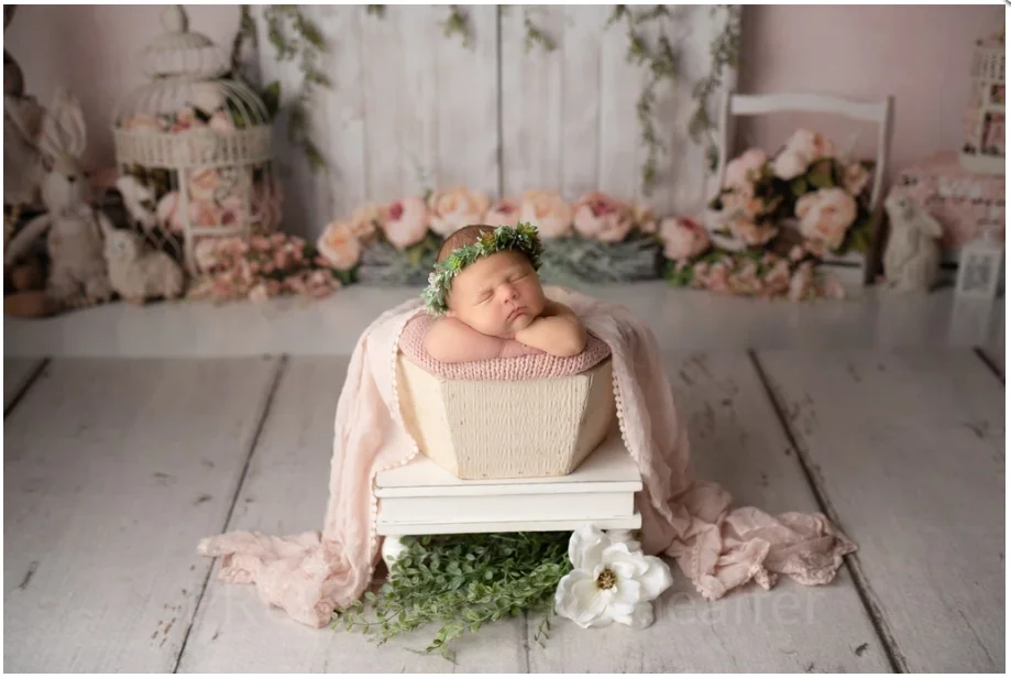 Cake Smash-Toile de fond de photographie florale pour nouveau-né, arrière-plan de lapin, porte en bois, rose, fille, photobooth, décors de studio