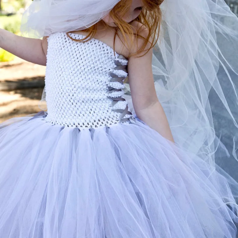 Dead Bride Inspired Girls Halloween Tutu Dress Gothic Scary Kids Role Play Party Costume for Carnival Photos Tulle Dress