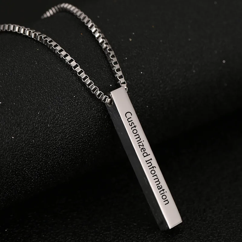 Four Sides Engraving Personalized Square Bar Custom Name Necklace Stainless Steel Pendant Cuboid Necklace For Women Men Gift