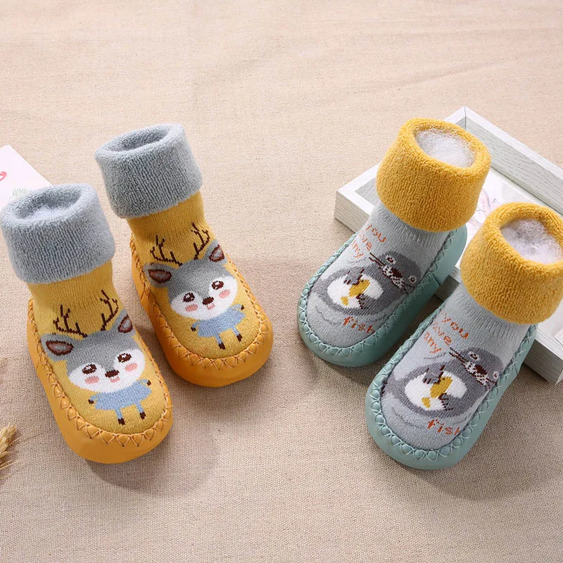 6 Months To 3 Years Old Baby Rubber Shoes Toddlers Infant Sock Cartoon Animal Pattern Anti-slip Warm Terry Winter Baby Shoes