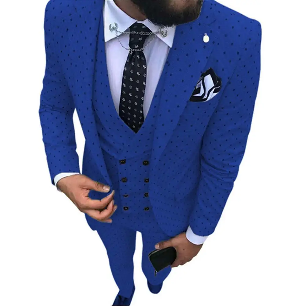 

Blue Men's Suits Casual 3 Pieces Point V Neck Notched Lapel Groomsmen Tuxedos Wedding Suits Men 2019 (Blazer+Vest+Pants)