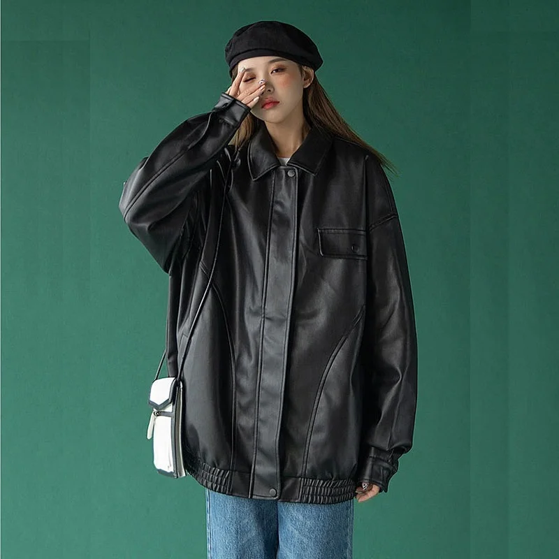 Streetwear Fashion Black Faux Leather Jacket Women Casual Coat Loose Lapel Long Sleeve Spring Autumn 2024 Female Biker Jacket