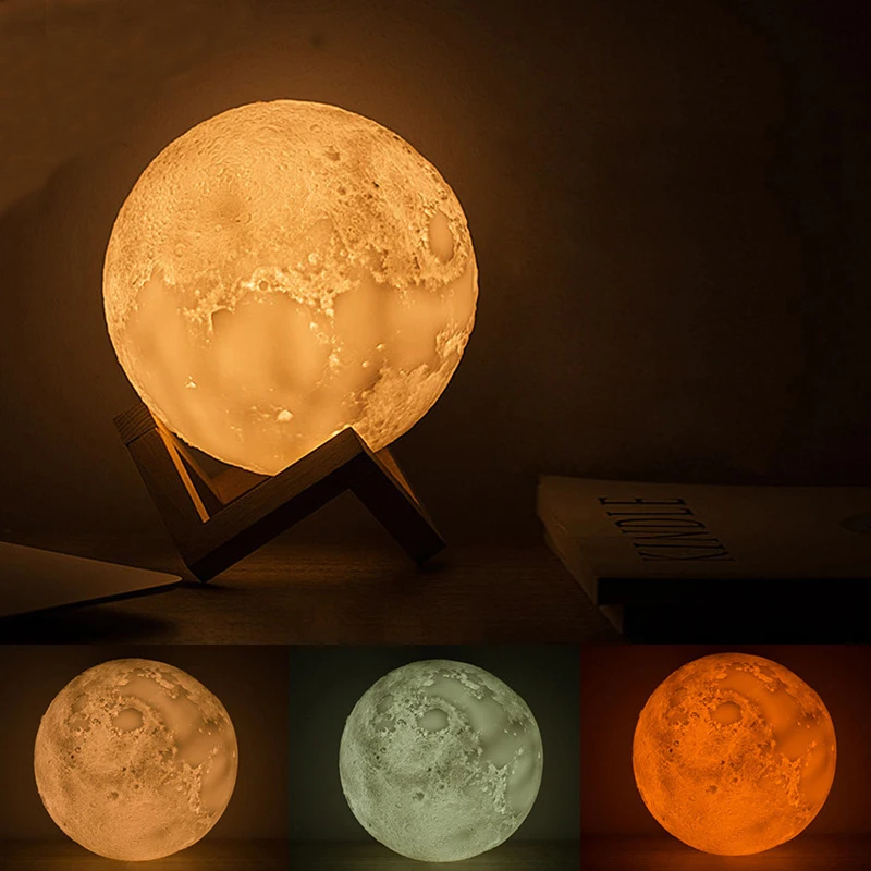 LED Night Light 3D Print Galaxy Moon Lamp 15cm Touch Rechargeable Color Change Tap Control Children\'s Lights for Bedroom Decor