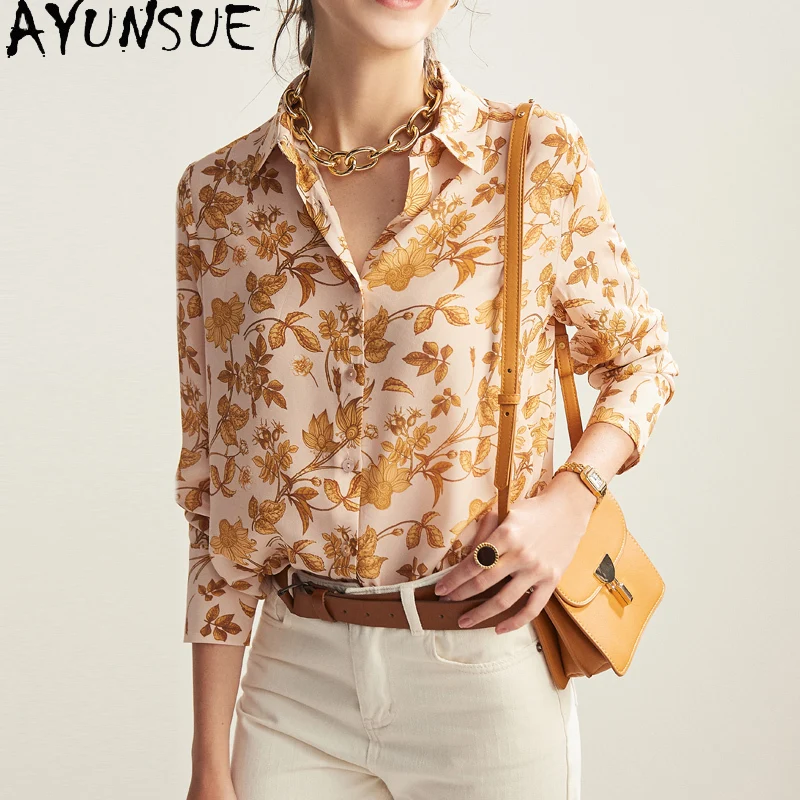 

AYUNSUE High Quality Women's Shirt 100% Silk Blouse Women Floral Top Female Long Sleeve Elegant Blouses New 2021 Blusas Mujer 11