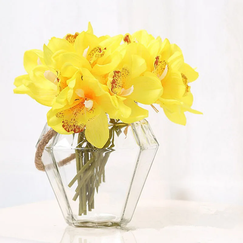 Real Touch 6 heads Artificial Cymbidium Table Flower DIY Wedding Decoration Bride Hand Flowers Fake Flower For Home Decor Orchid