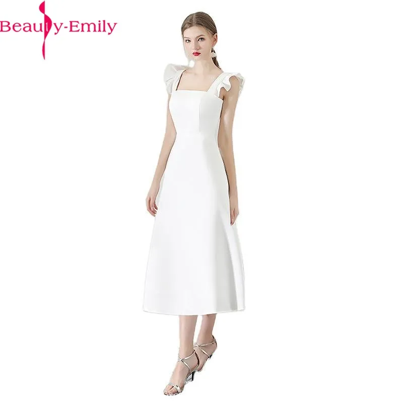 Korean Style Slash Neck Sleeveless Formal Dress Women Elegant Ruffles Tank Sleeve Satin White Evening Dress 2 Colors Available