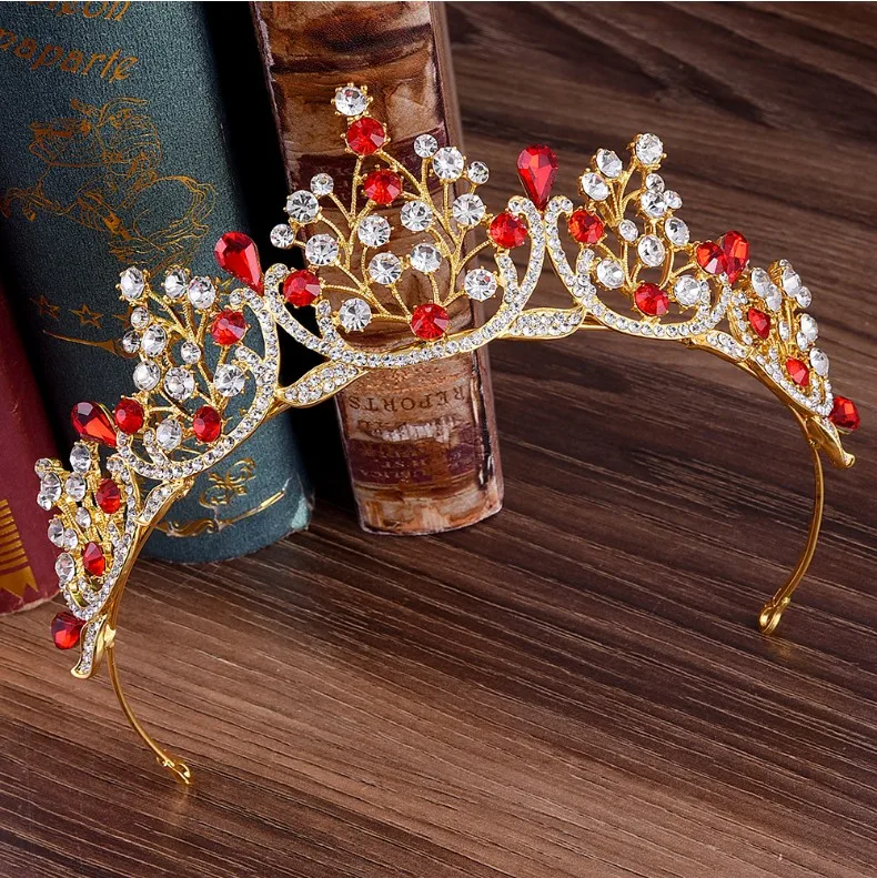 Fashion Baroque Magnificent Big Red Crystal Bridal Tiaras Wedding Crown for Bride Pageant Headbands Wedding Hair Accessories